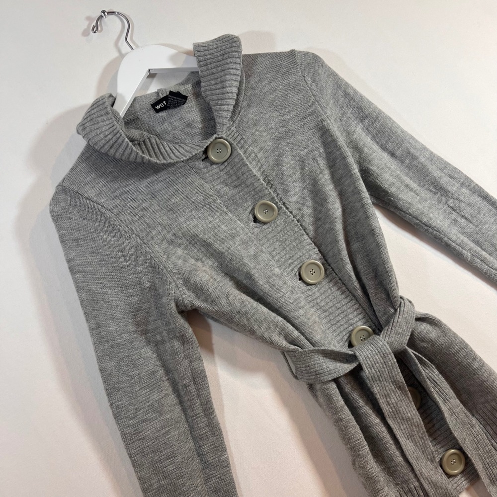 Vintage Y2K Wet Seal Buttoned Sweater Women L Gray Knit Hooded Belt